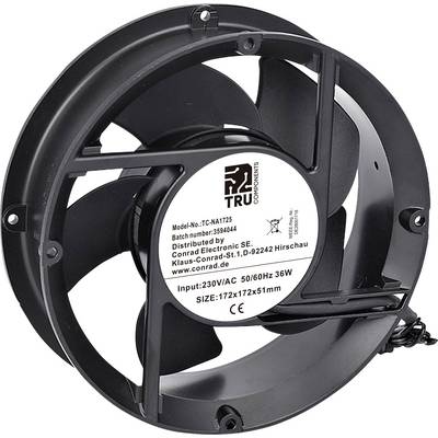 En svart industriell fläkt med en vit etikett på baksidan, som specificerar modell TC-NA1725, 230V/AC 50/60Hz 36W, storlek 172x172x51mm.