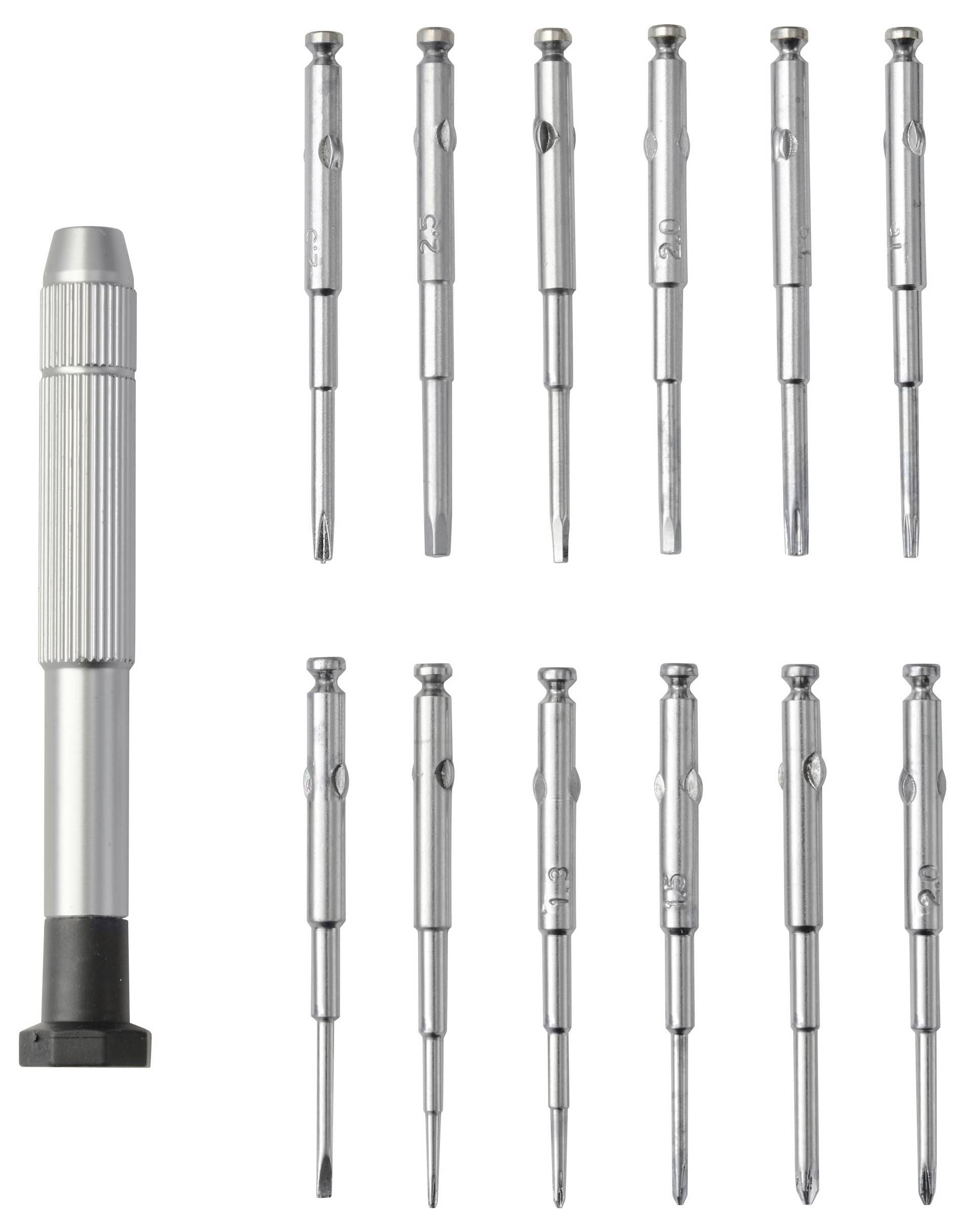 En set med tolv precisionsskruvmejslar i olika storlekar och ett handtag, använt för känsliga uppgifter som elektronik eller små reparationer.