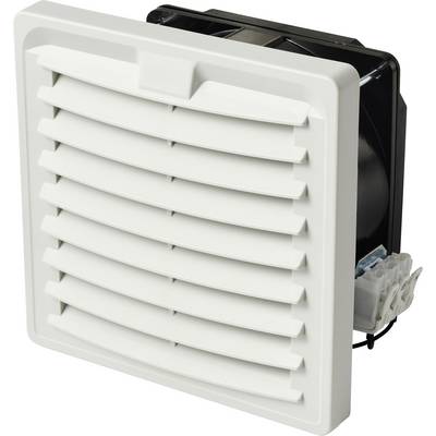 En vit kvadratisk ventilationsfläkt med lamellövertäckning, lämplig för vägg- eller takmontering, används för att förbättra luftflödet i utrymmen.