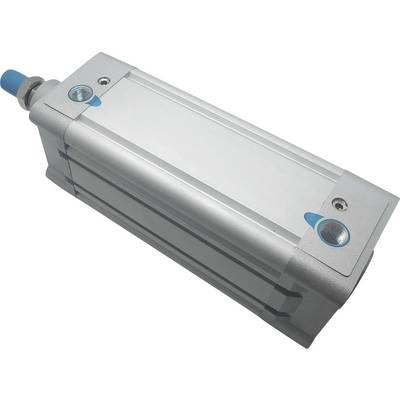 Pneumatisk cylinder med silverfärgad kropp, blå kopplingar och monteringshål på varje sida, används inom industriell automation för linjär rörelse.