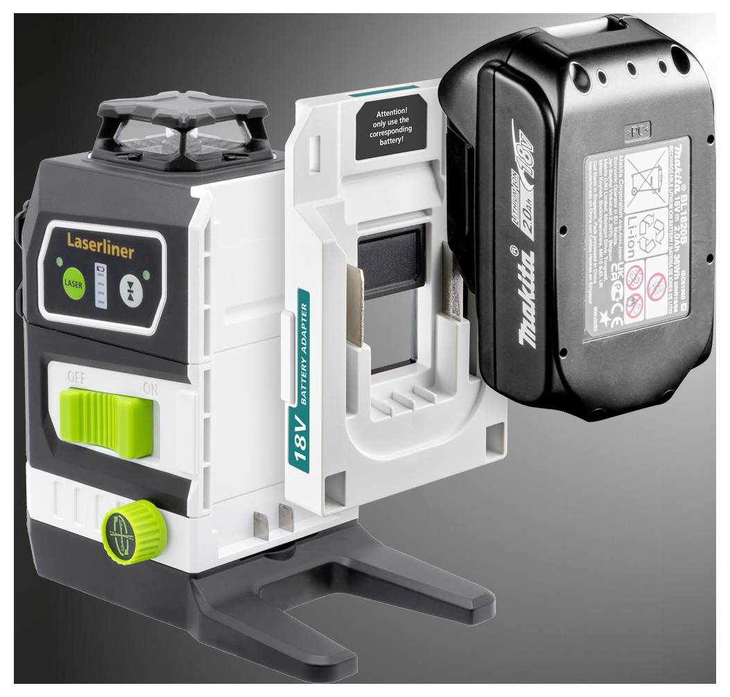 Lasermätare med Makita 18V batterifäste, utrustad med kontroller och indikatorer för laserinstallering.