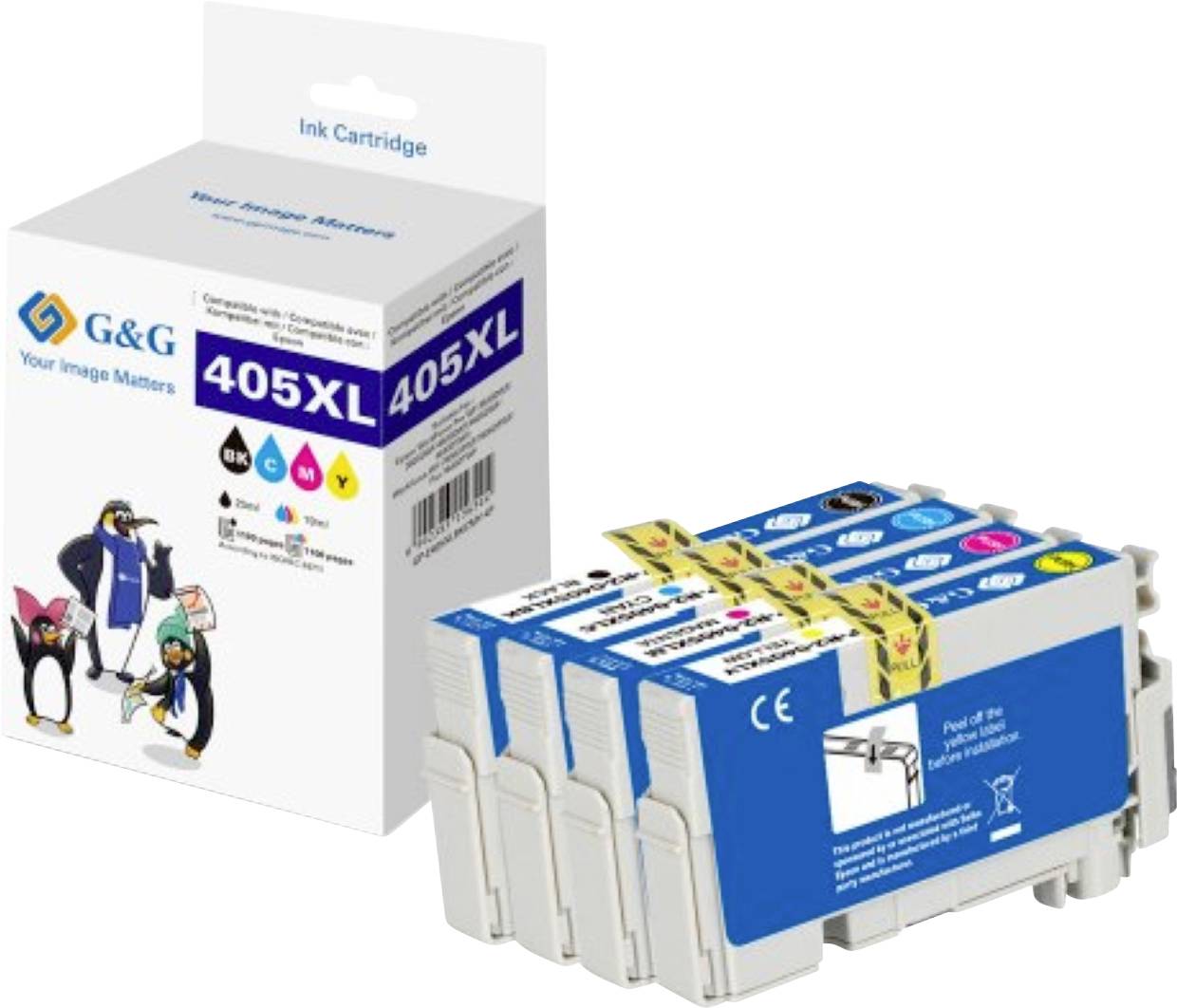 'G&G 405XL bläckpatronpaket, fyra patroner för utskrift, var och en märkt med olika färger: svart, cyan, magenta, gul.'