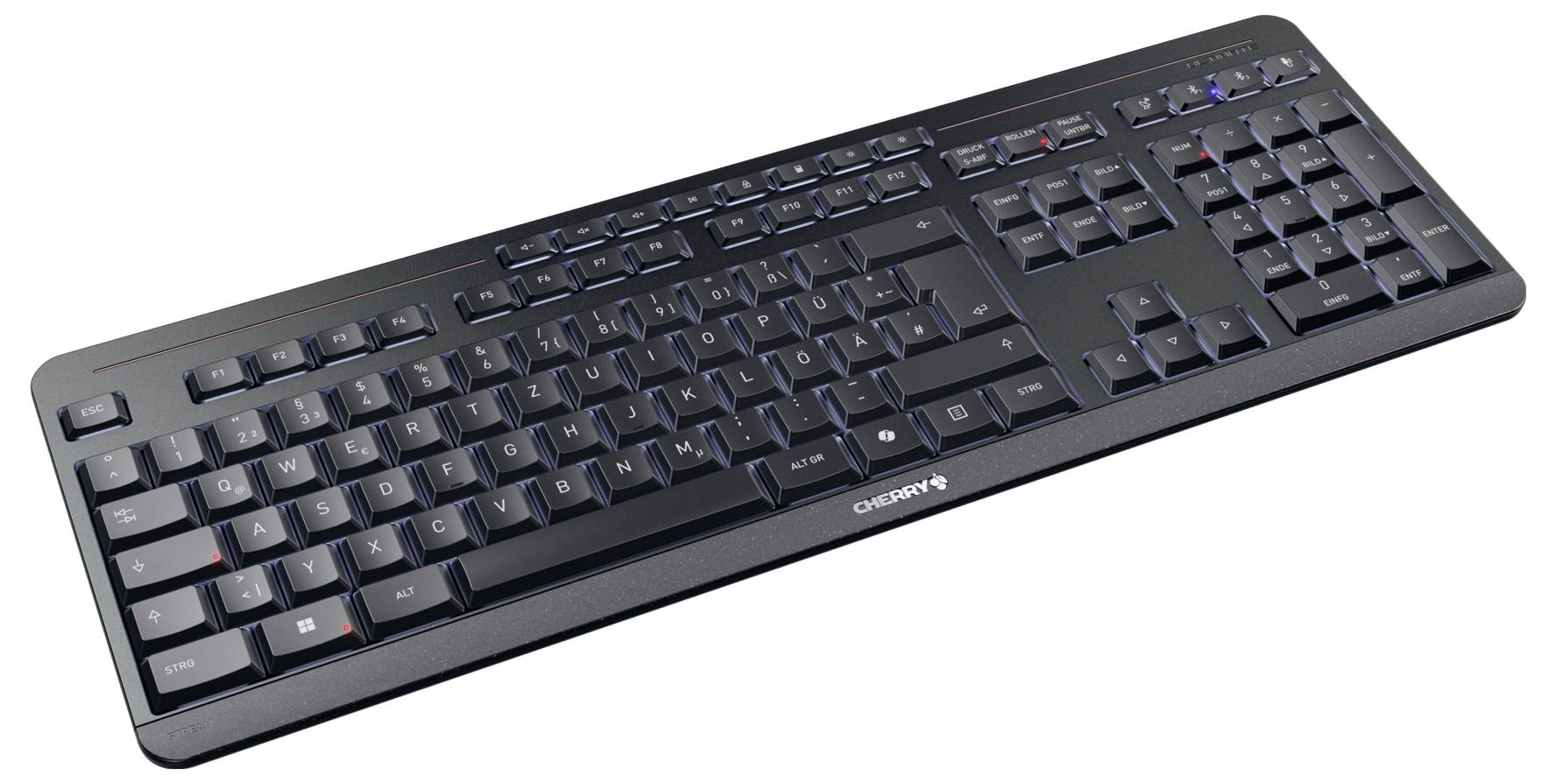 Ett svart datorkeyboard med numeriskt tangentbord och mediakontrollknappar, som visar varumärket "CHERRY" under mellanslaget.