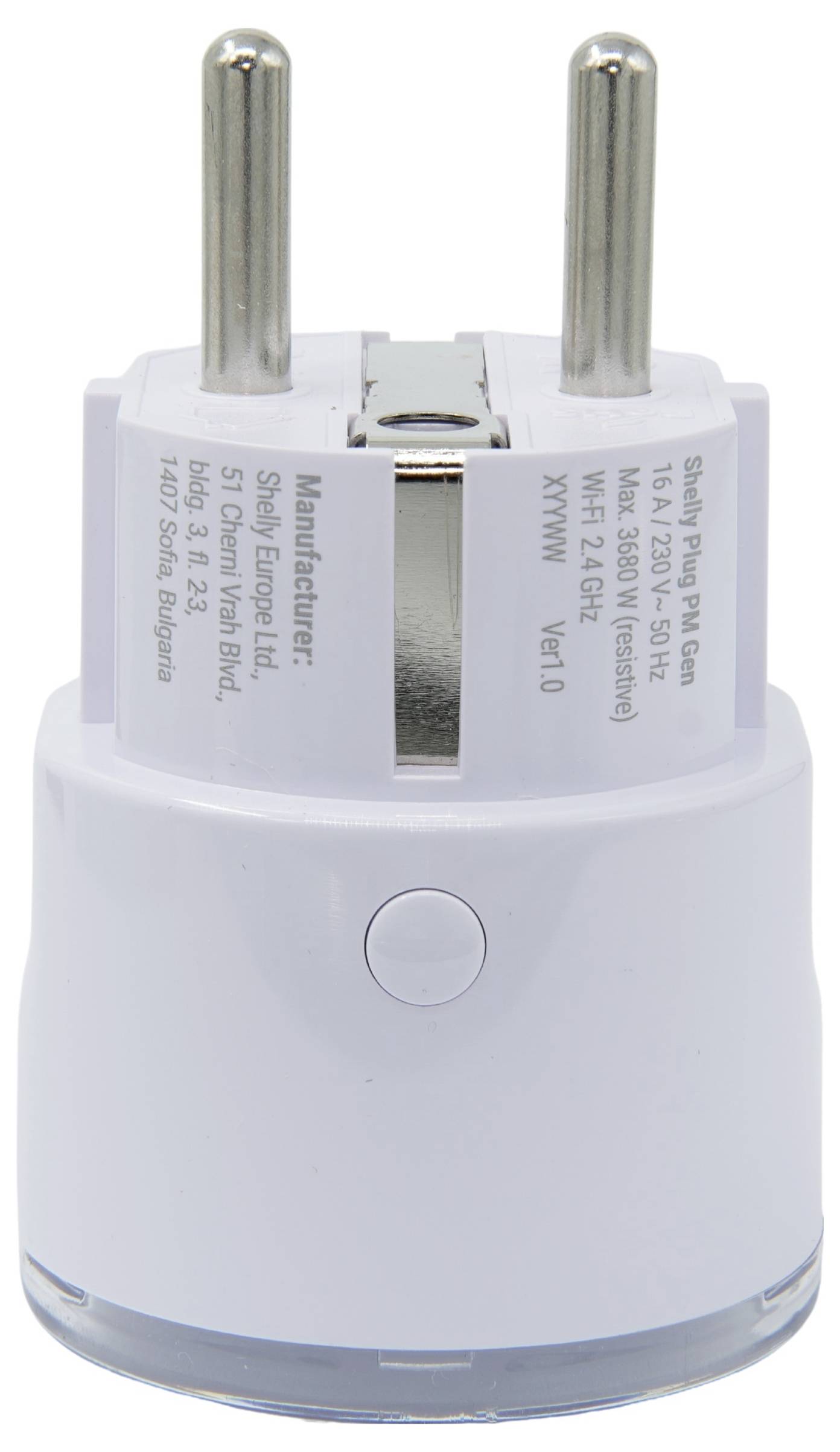 En vit smart strömadapter med europeiska kontakter, utformad för fjärrstyrning av elektriska apparater via en app eller smart home-system.
