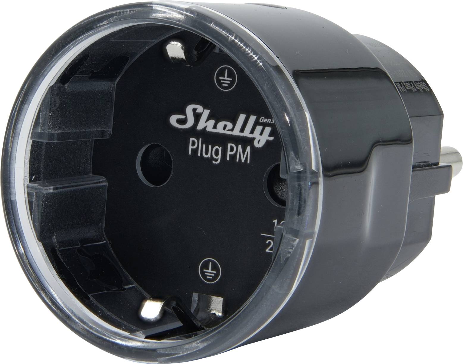 'En svart Shelly Plug PM smart-kontakt med två kontaktuttag och jordanslutning, utformad för övervakning av energianvändning och fjärrkontroll.'