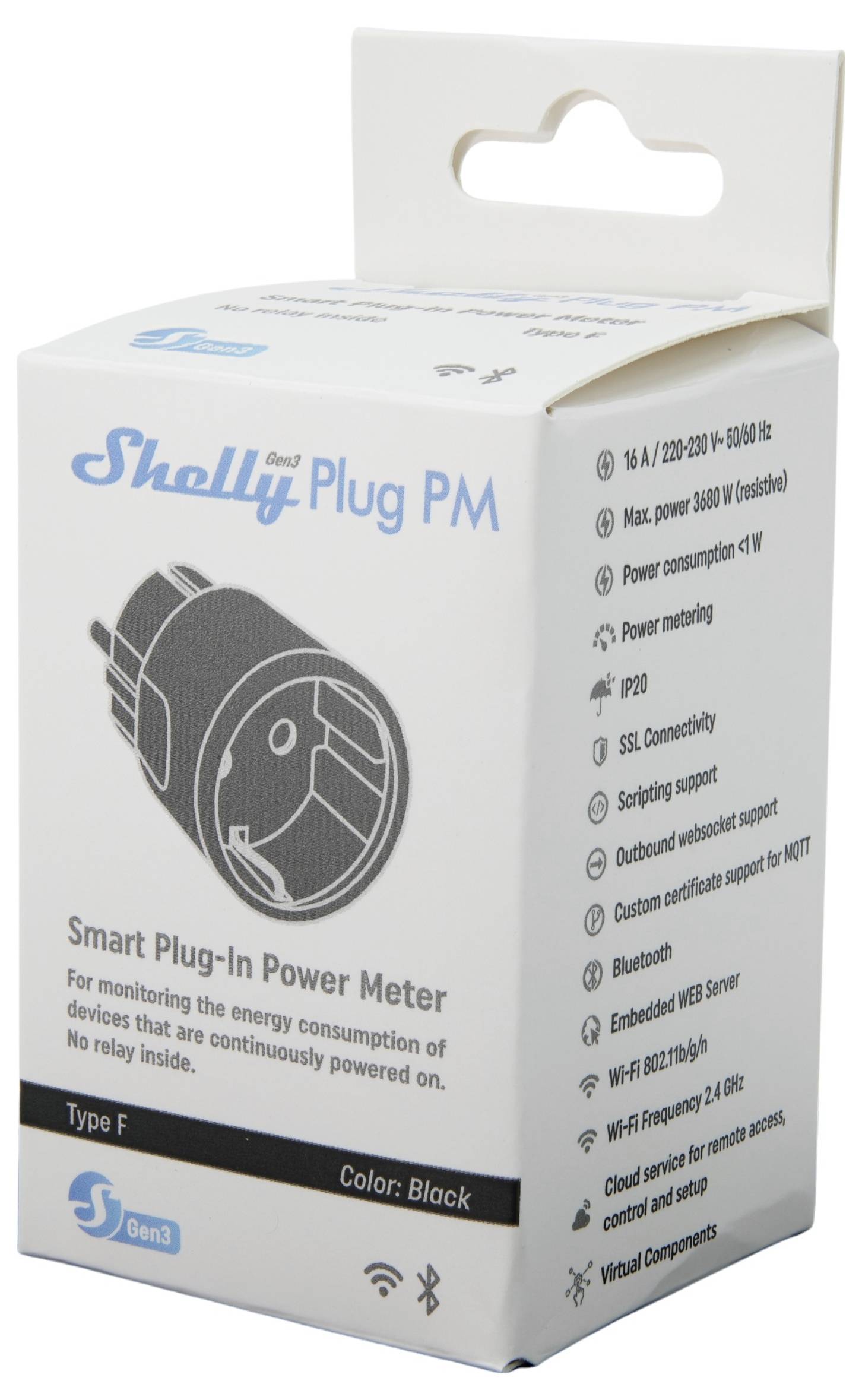 "Shelly Plug PM"-smartprodukt förpackning som visar funktioner: energiövervakning, effektmätning, Wi-Fi-styrning, stöder över 3000W.