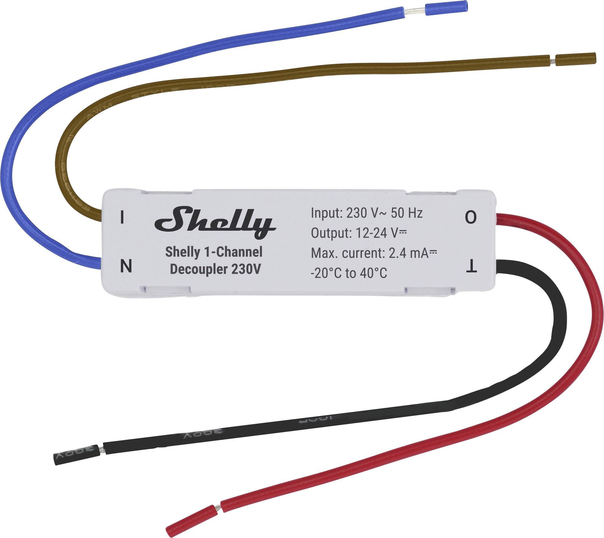En "Shelly 1-Channel Decoupler 230V" med fyra ledningar, märkta som ingång och utgång, som visar ingång på 230V-50Hz, utgång på 12-24V och en maximal ström på 2,4mA.