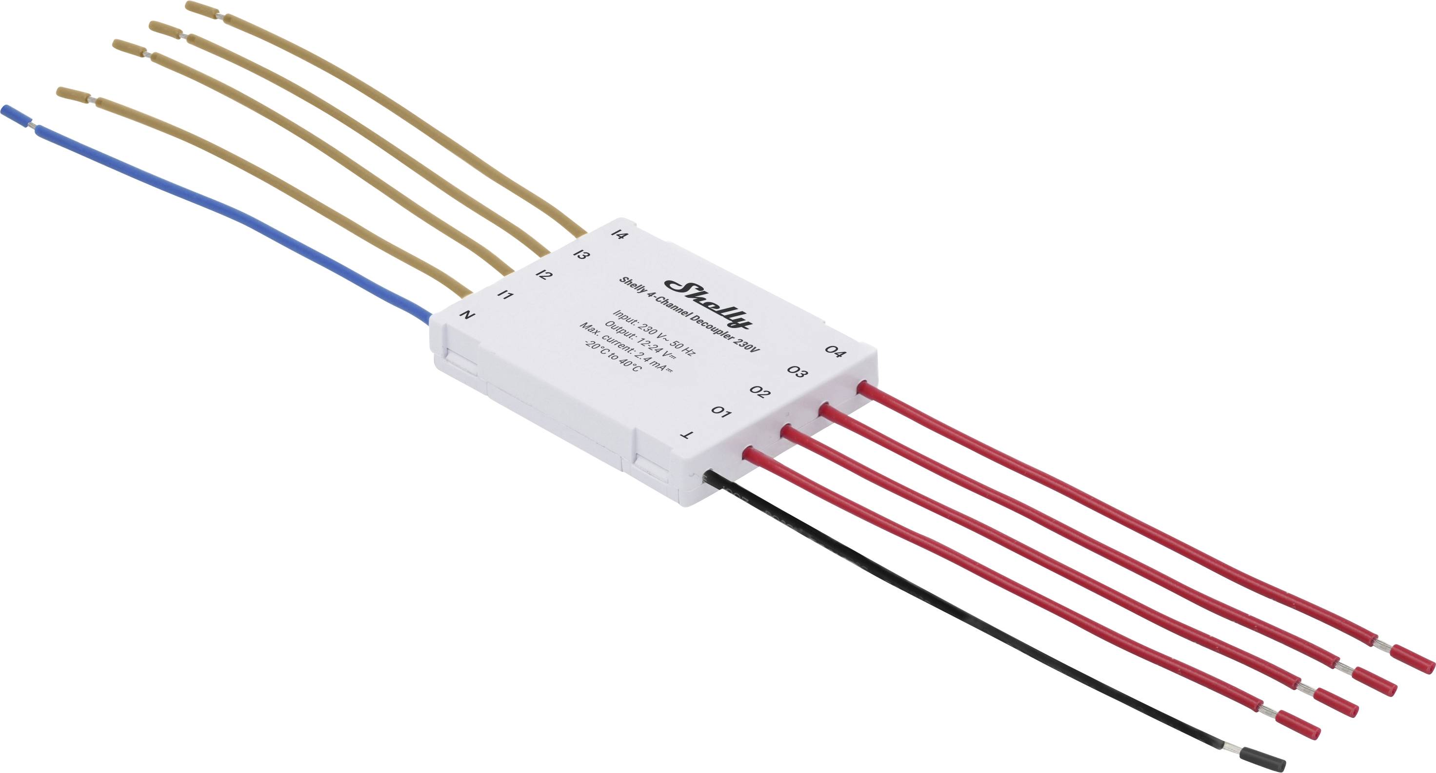 En vit elektronisk förare med fyra röda, en svart och en blå tråd på ena sidan, och tre bruna trådar på andra sidan, märkt Sinolite.