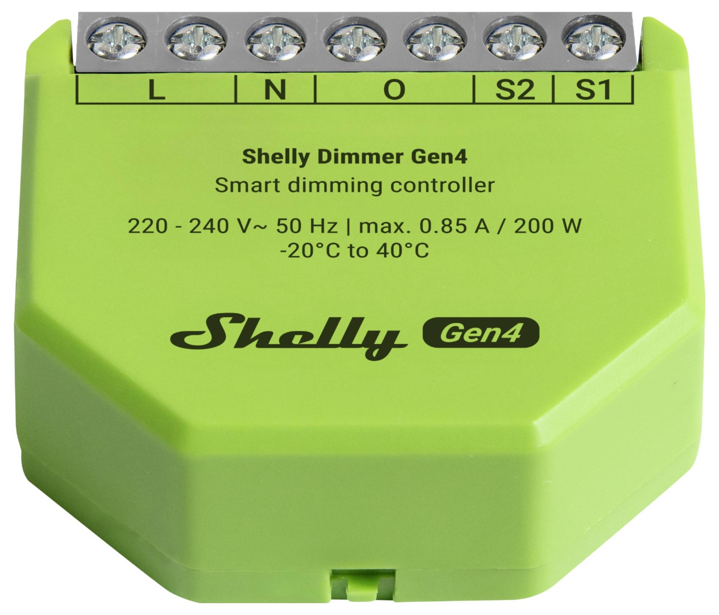 Green Shelly Dimmer Gen4-enhet med anslutningsportar märkta 'L', 'N', 'O', 'S2', 'S1'. Smartdimmer-kontrollerenspecs: 220-240V, 50Hz, max. 0,85A/200W.