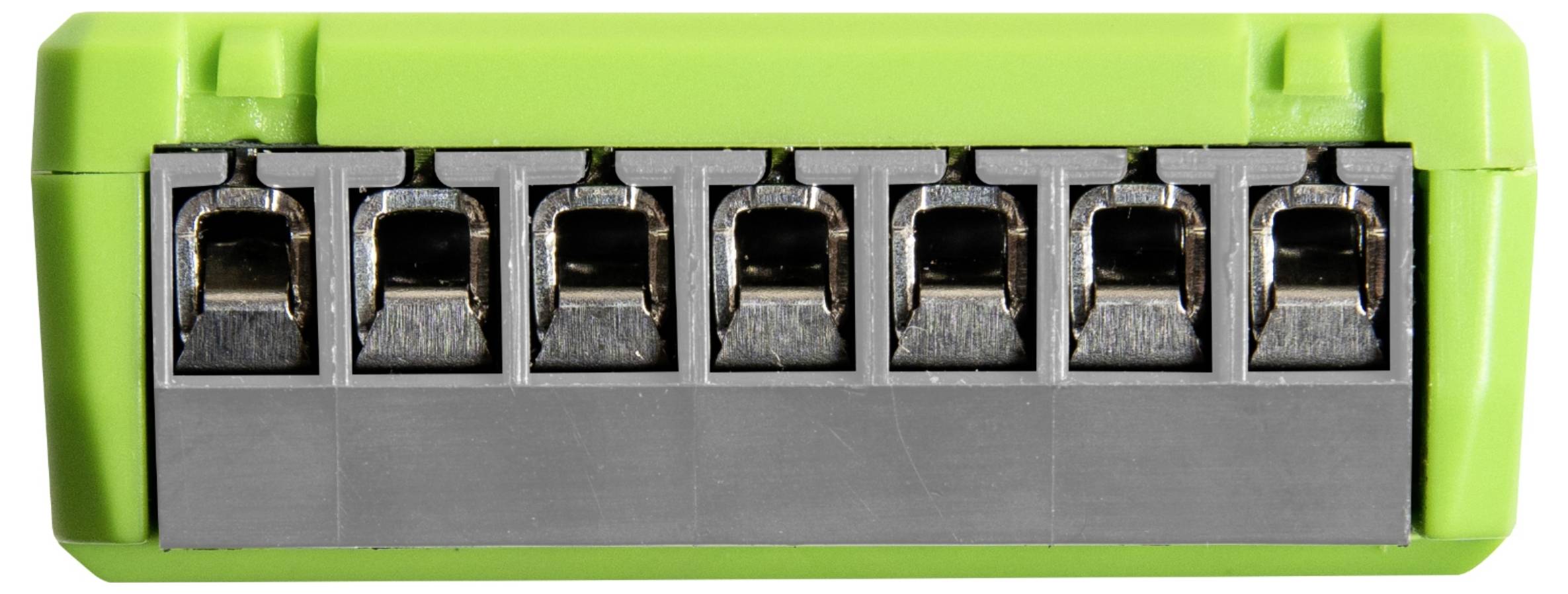 En grön och grå terminalblock med åtta anslutningspunkter, används för att säkra och avsluta elektriska ledningar i en krets.