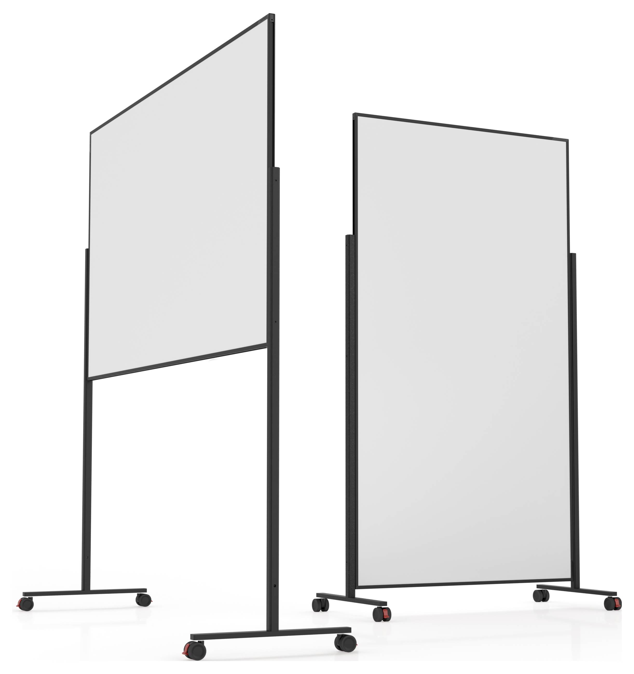 Två mobila whiteboard med svarta ramar och hjul, en upphöjd horisontellt och den andra vertikalt, på en vit bakgrund.