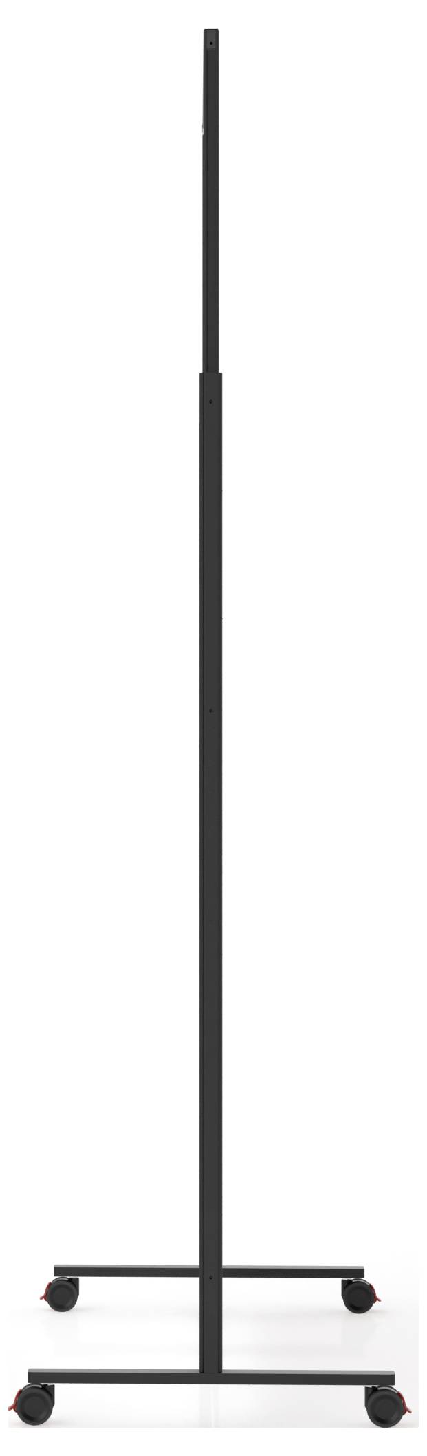 En vertikal svart ställning med hjul längst ned för rörlighet, utformad för att hålla och visa upp föremål eller information i olika miljöer.