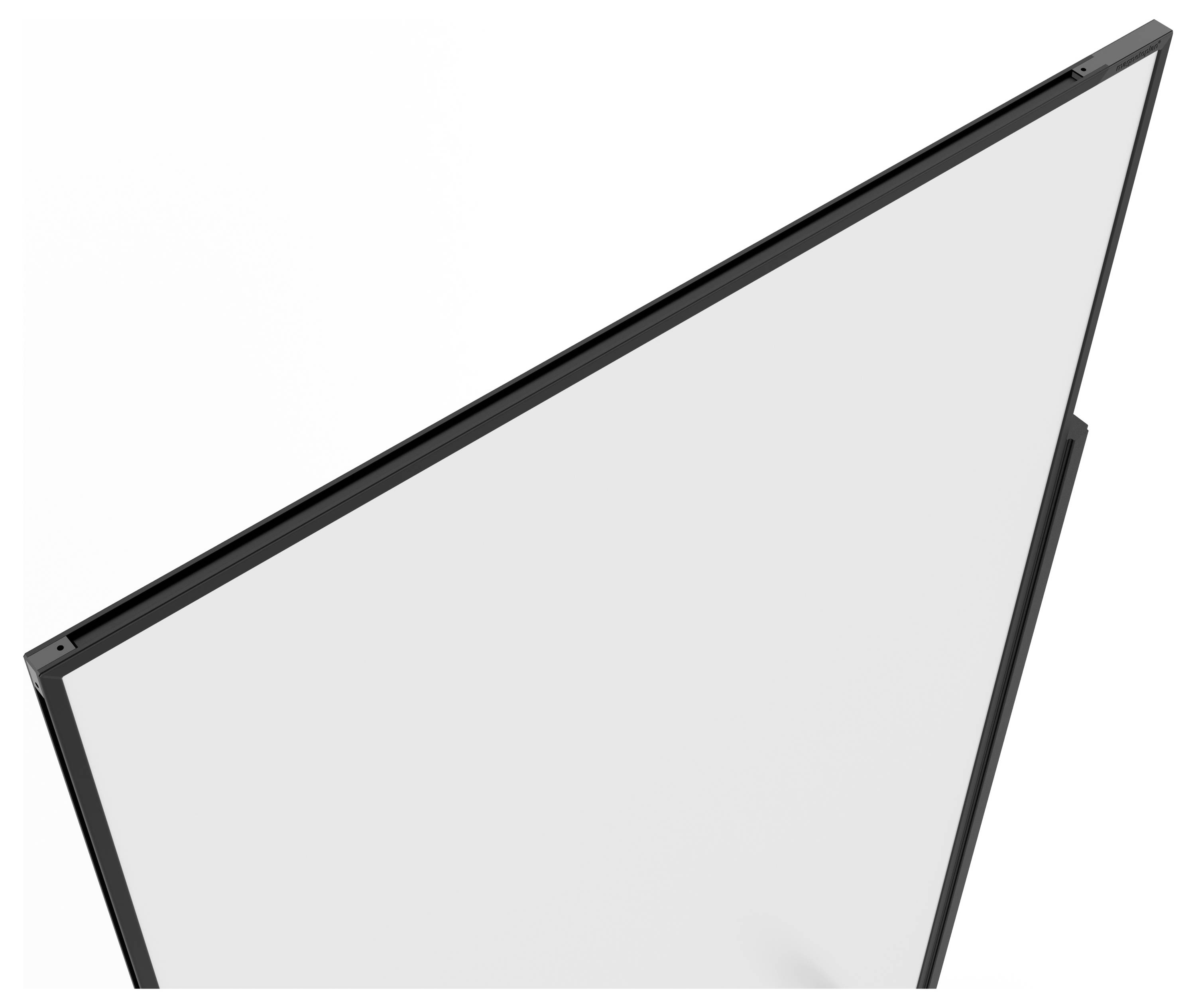 En vit skärm med en tunn svart ram visas från en vinkel, vilket visar dess kant.