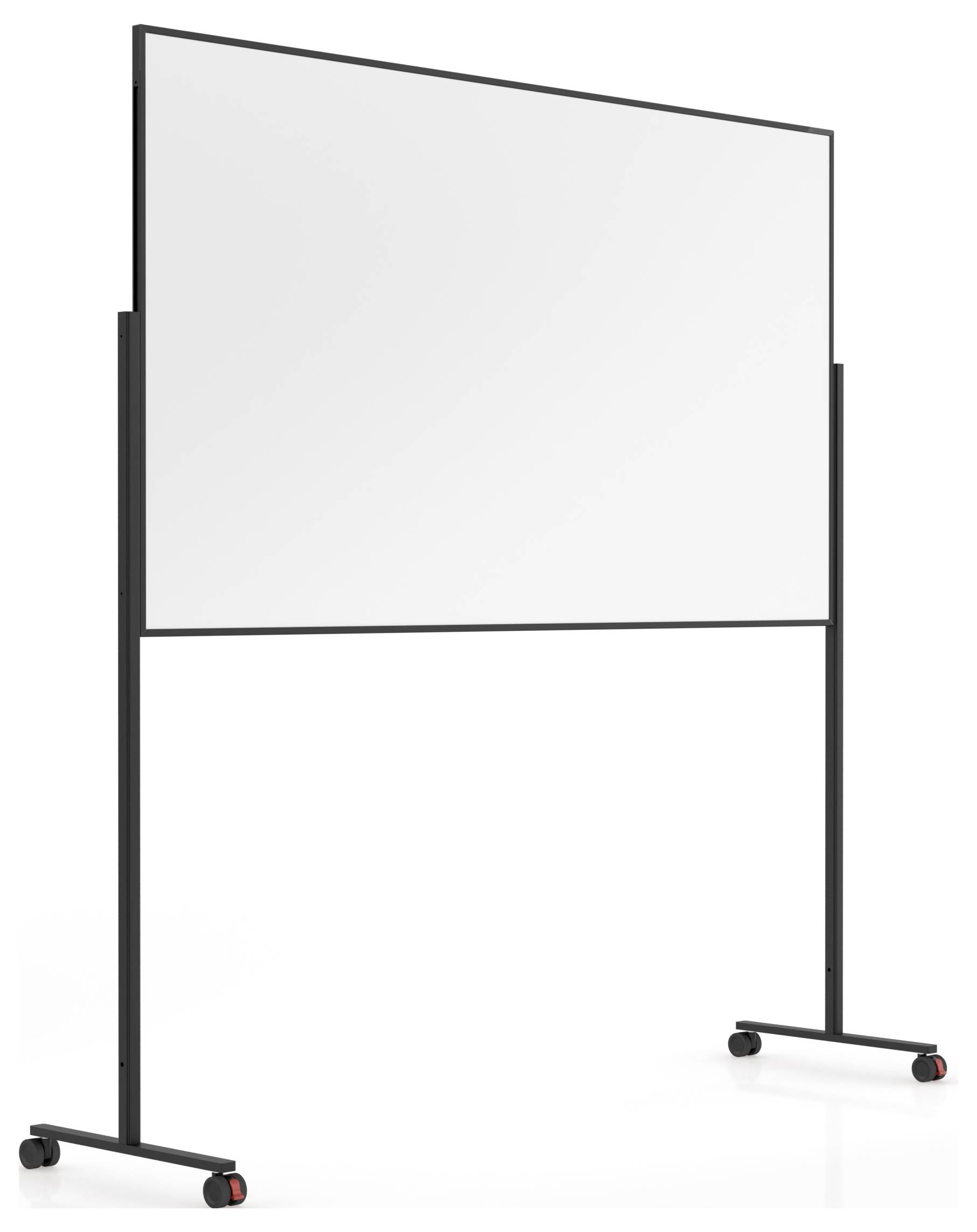 En mobil whiteboard på hjul, med en rektangulär ram och en stor tom vit yta, lämplig för skrivning eller ritning.