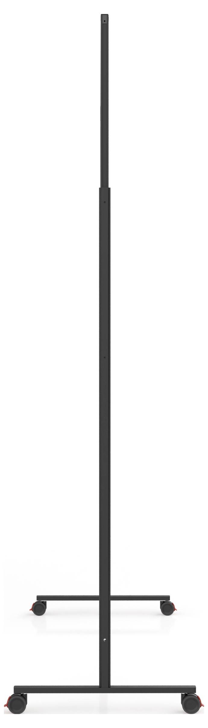 En svart metallstativ med hjul vid basen, sett från sidan, som visar dess smala profil.