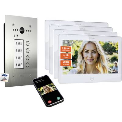 Intercomsystem med en väggmonterad panel, fyra videoskärmar som visar en kvinnas ansikte, och en smartphone-app som visar ett videsamtalsgränssnitt.