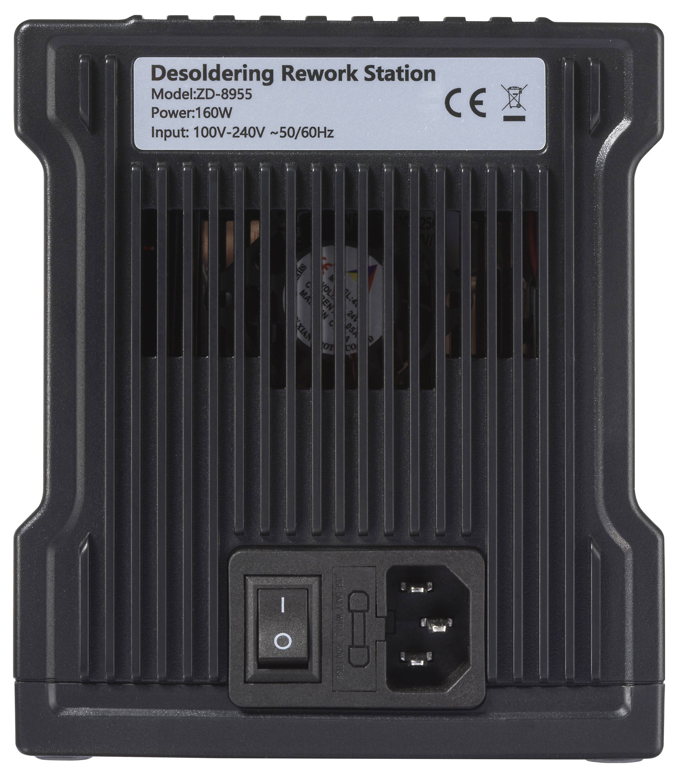 'Avlödningsomarbetningsstation, modell ZD-8955, effekt: 160W, inmatning: 100V-240V ~50/60Hz' med strömbrytare och kontaktuttag på en svart enhet.