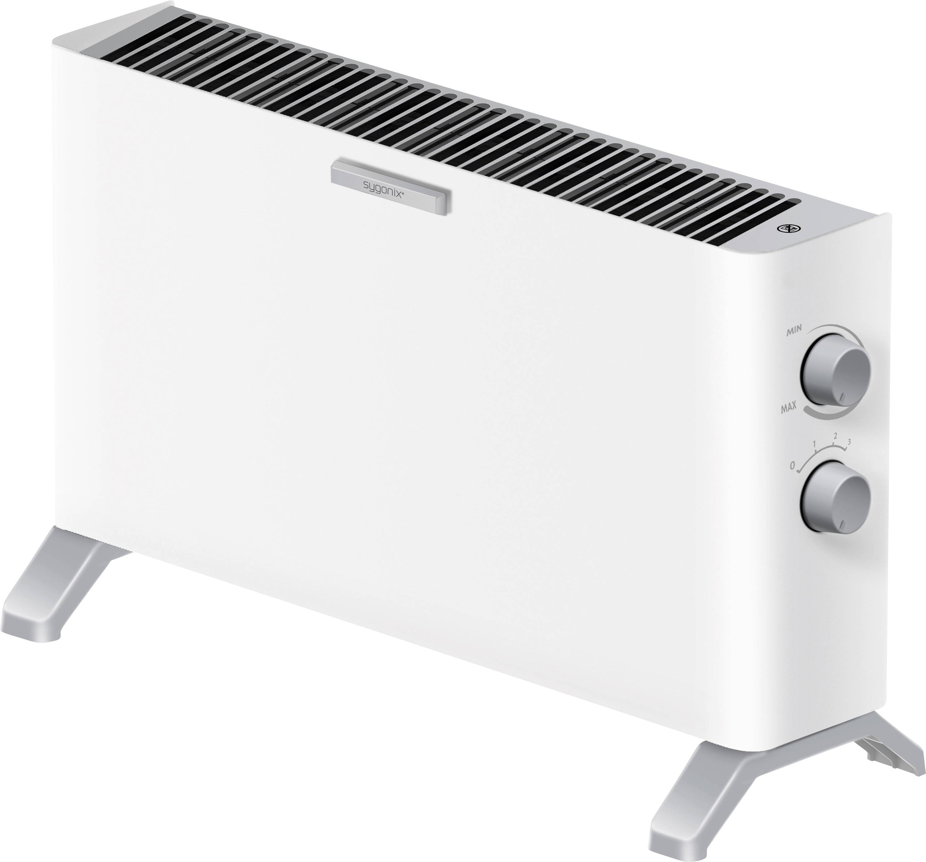 Vit bärbar elektrisk värmefläkt med ventilationsgaller på toppen, två kontrollreglage på höger sida och metallbenen.