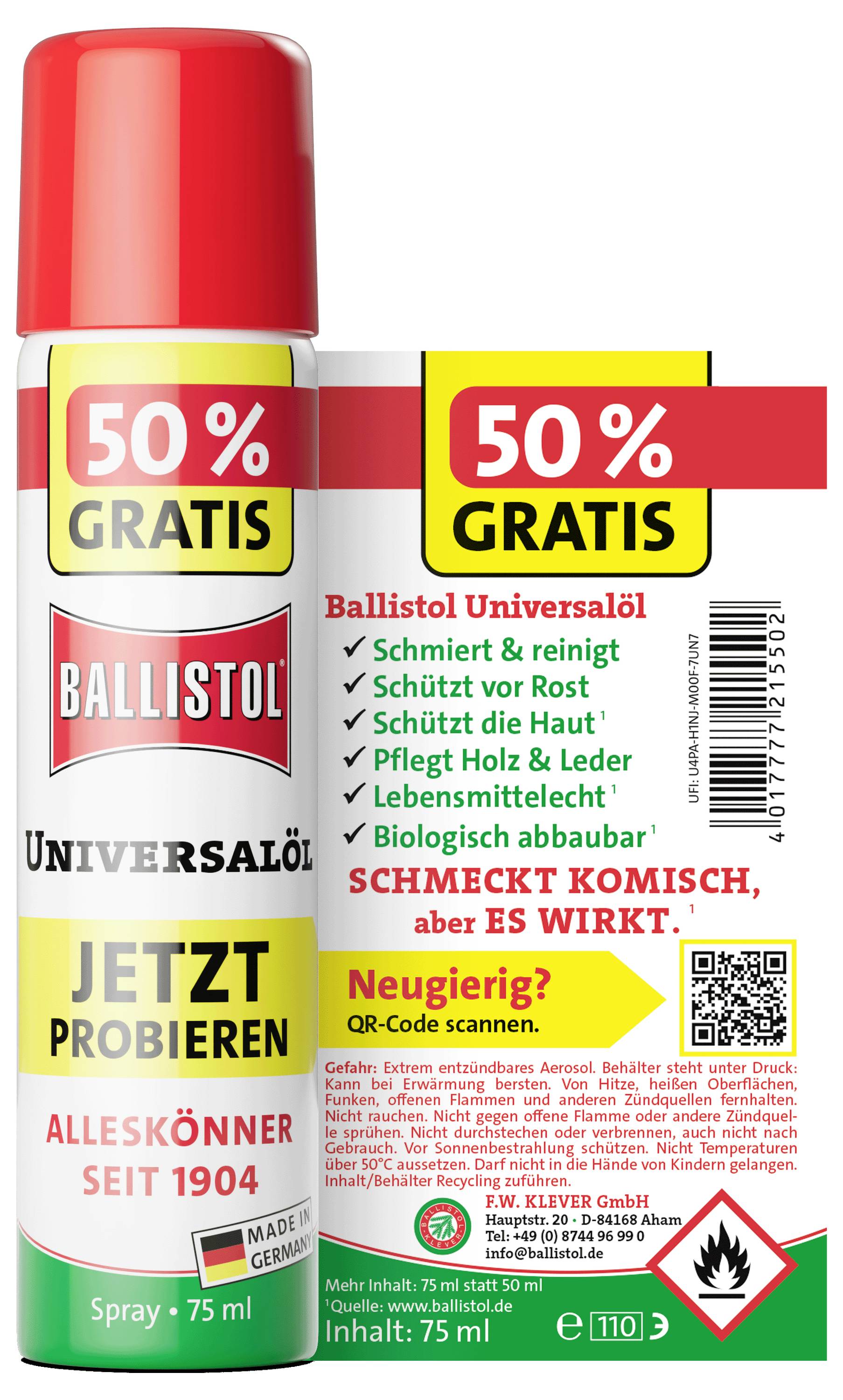 Ballistol Universal spray-burk med tyska etiketter som annonserar "50% GRATIS", "JETZT PROBIEREN" och en QR-kod; produktinformation och farosymboler visas.