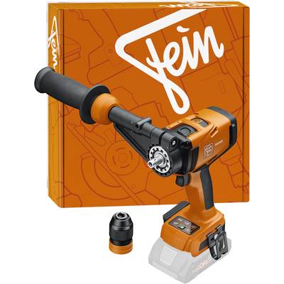 En orange trådlös borrmaskin med sidhandtag och extra chuck ligger framför sin förpackning, med en fet vit varumärkeslogga.