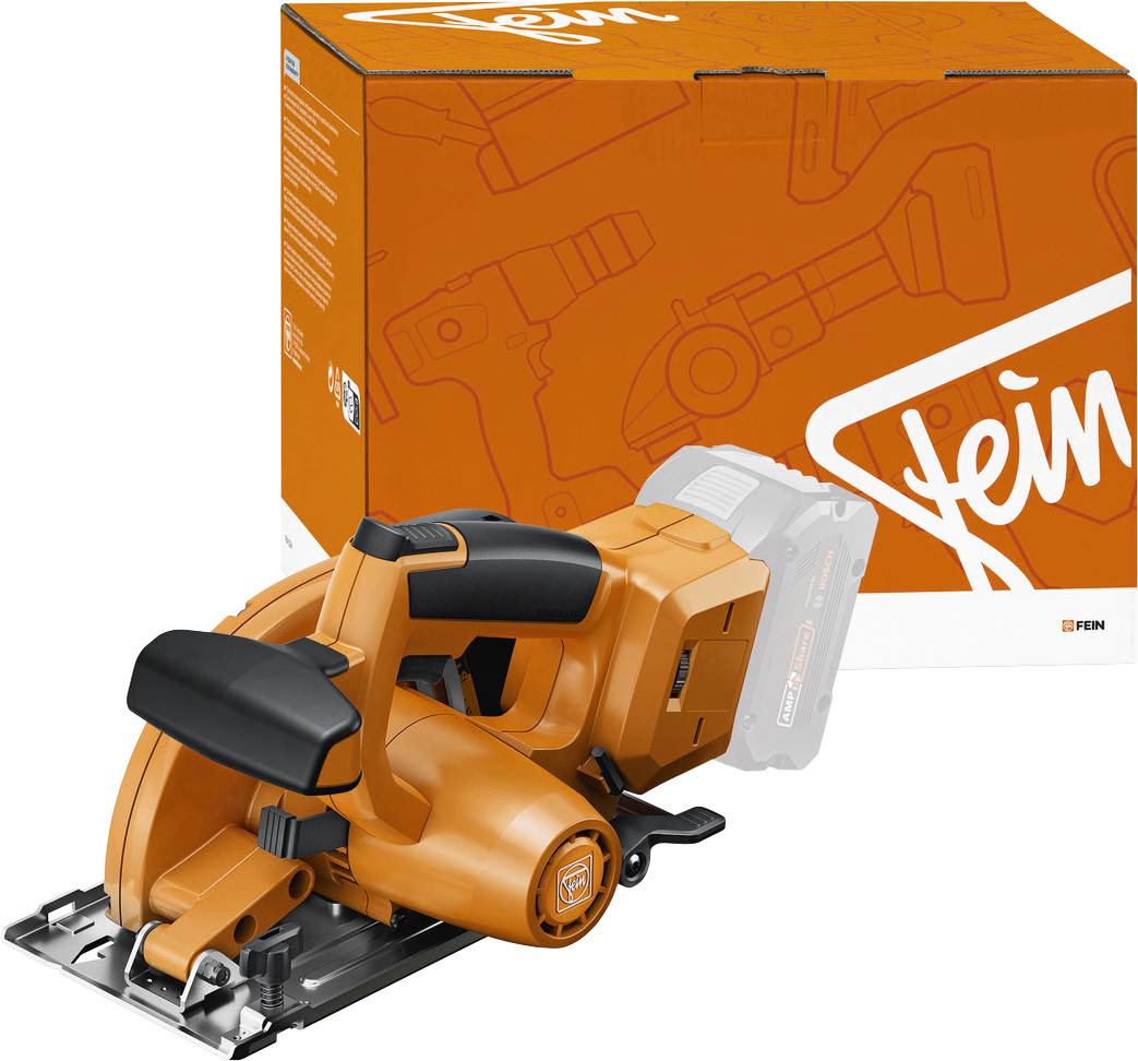 En orange trådlös elverktyg med en cirkulär blad placeras framför en orange låda som visar en konturteckning och "fein"-logotyp.