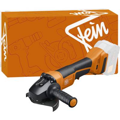 Orange och svart trådlös vinkelslipar med ergonomiskt handtag, visad framför en orange låda med varumärke och grafik.