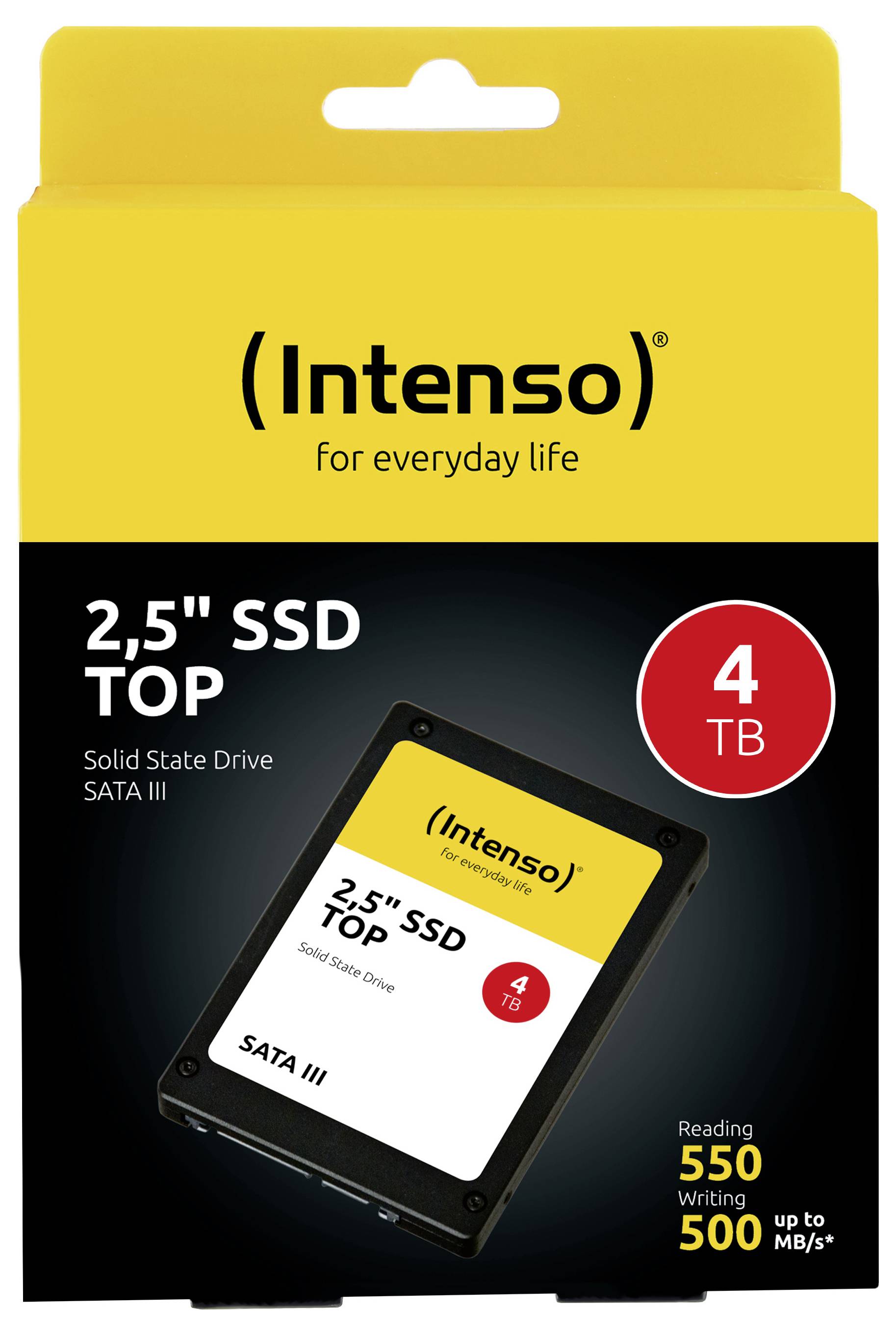 'Intenso SSD Top' 2.5" 4TB SATA III-förpackning, med läshastighet på 550 MB/s och skrivhastighet på 500 MB/s.