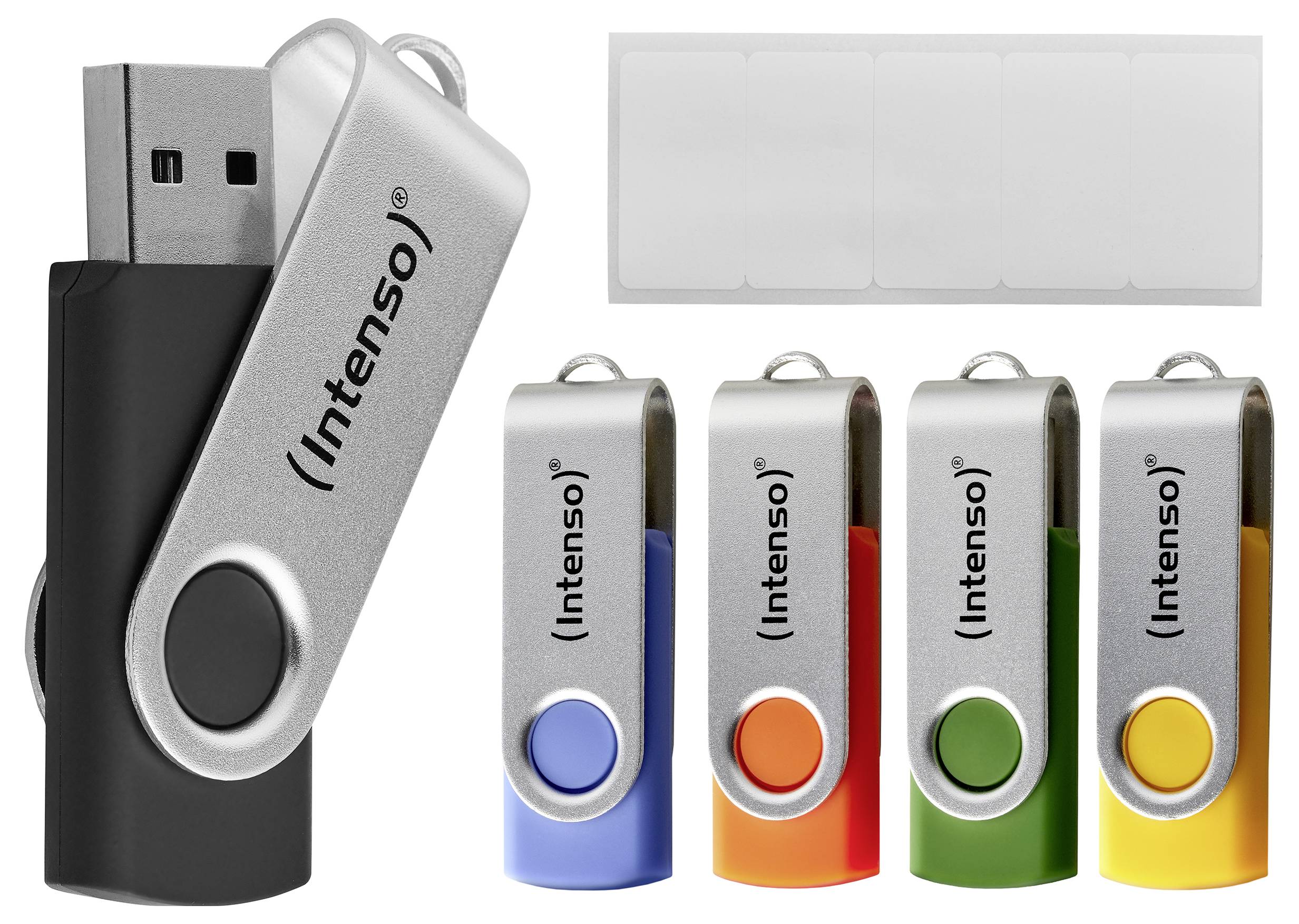 En uppsättning Intenso-märkta USB-minnen med skyddande vridbar lock i olika färger: svart, blå, röd, orange och grön.
