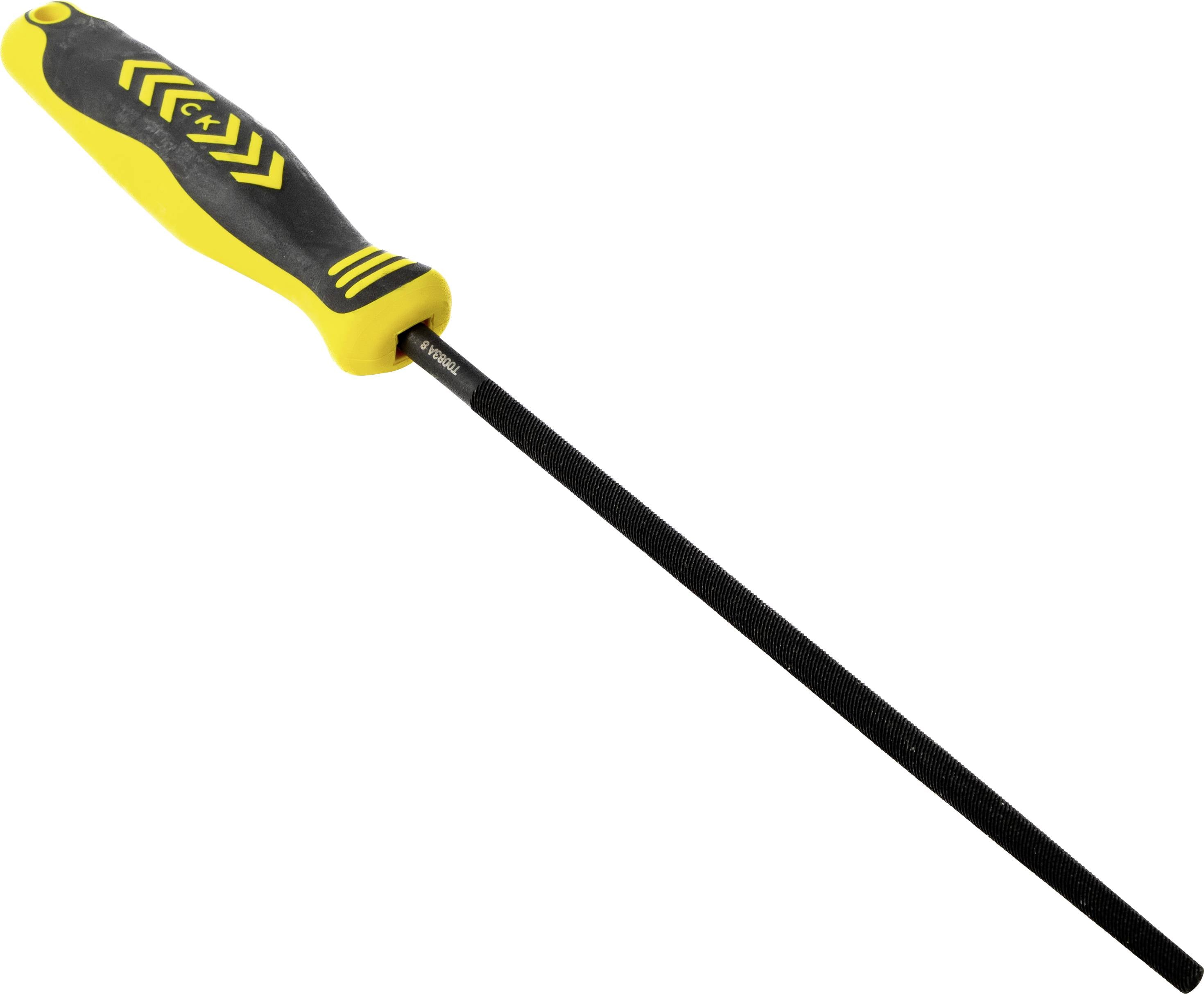 Ett fil-verktyg med gul och svart handtag och en långt, smalt metallskaft, designat för att slipa eller forma material.