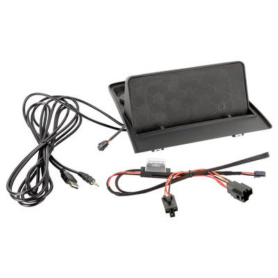Svart instrumentbrädasmonterad organiserarbricka med integrerad USB-port, kabel och elsatser på vit bakgrund.