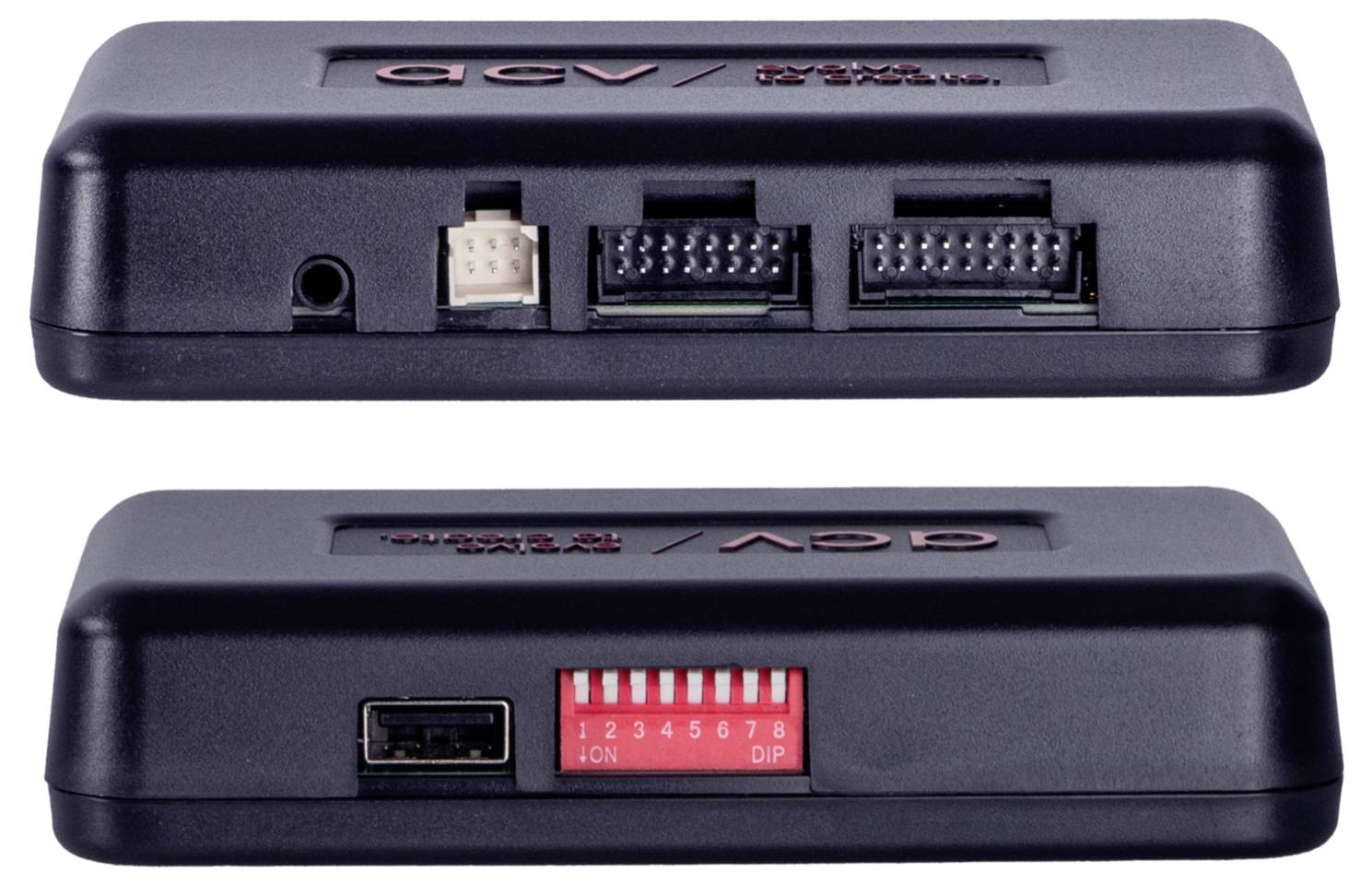 Två vyer av en svart AEV-fordonskontrollermodul, som visar fram- och baksida med anslutningsportar och en röd DIP-switch.