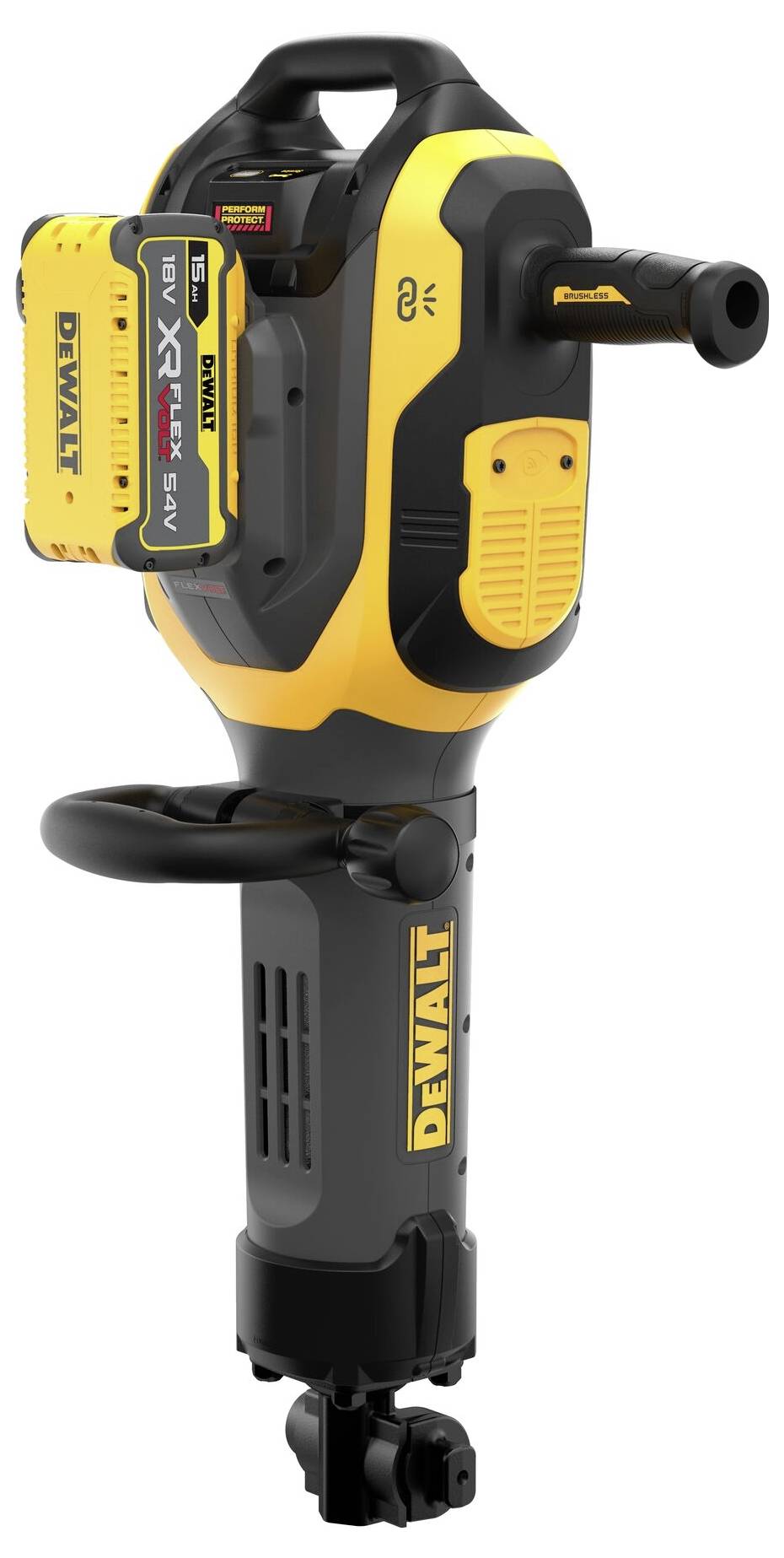 DeWALT-sladdlös rivningshammarborrmaskin med gul och svart design, utrustad med handtag och återladdningsbar batterisats.