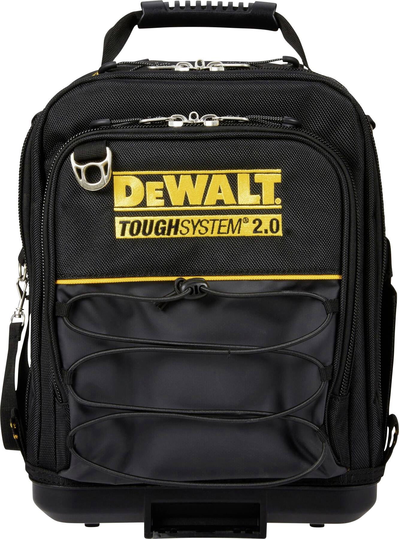 DeWalt ToughSystem 2.0-ryggsäck med hållbar svart tyg, gul logotyp, flera fack, förstärkta handtag och robusta dragkedjor.