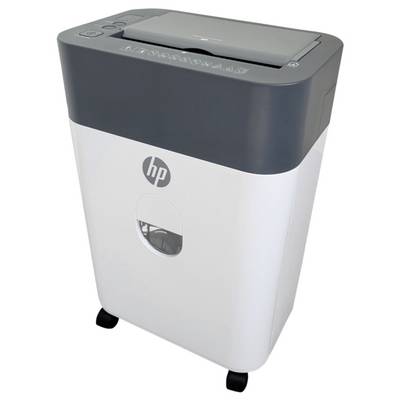 Bilden visar en vit och grå pappersförstörare med hjul, med ett transparant fönster för att se det förstörda innehållet, och HP-logotypen.