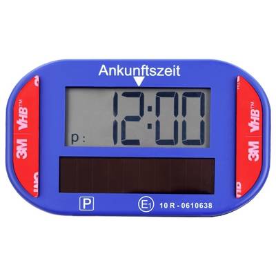 En blå parkeringstidsskiva visar "Ankunftszeit" med en digital display på 12:00.
