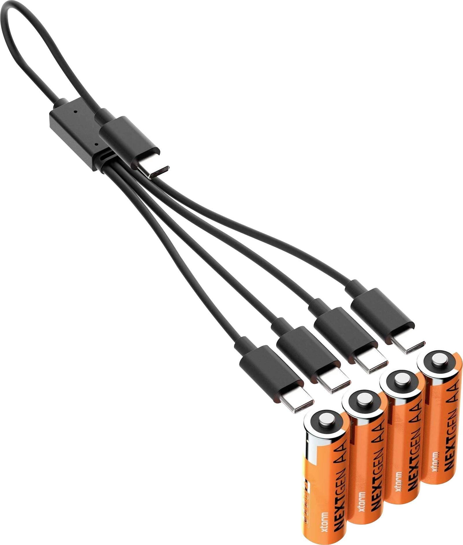 Fem orange AA-batterier märkta "NEXGEN" anslutna till USB-C-laddningskablar, som illustrerar uppladdningsbar batteriteknik.
