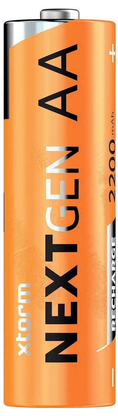 Oransjefärgat återuppladebart AA-batteri märkt "NEXTGEN AA" och "x-torm".