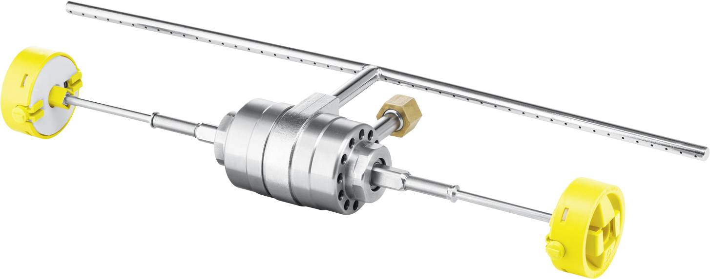 En metallinsprutningsrotationsventil med en central cylindrisk kropp och två gula ändlock, använd i industriella tillämpningar för att styra flödet.