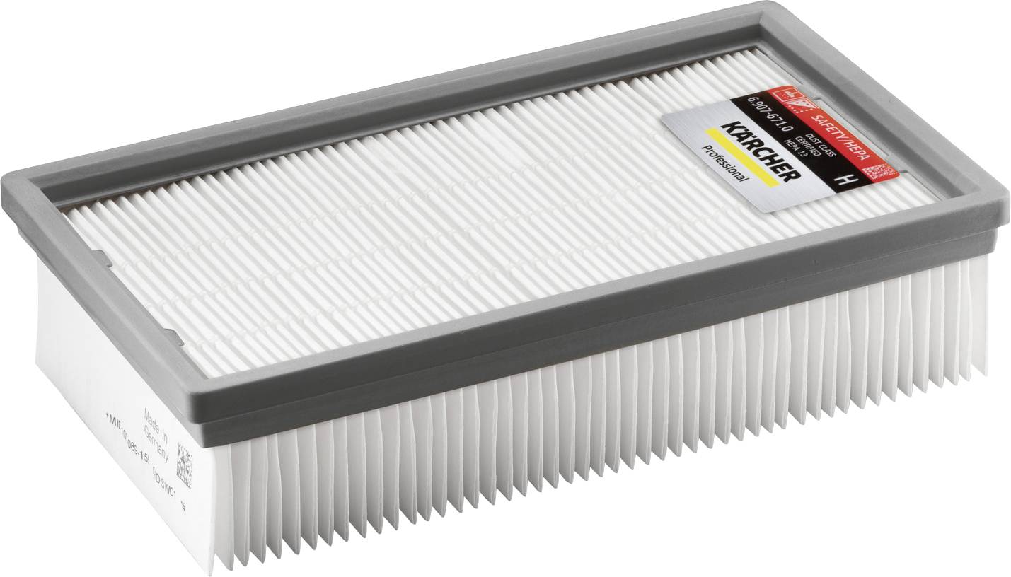 Rektangulär HEPA-filter med etiketten "Premium HEPA 13", utformad för att fånga fint damm och allergener, lämplig för användning med Kärcher-enheter.
