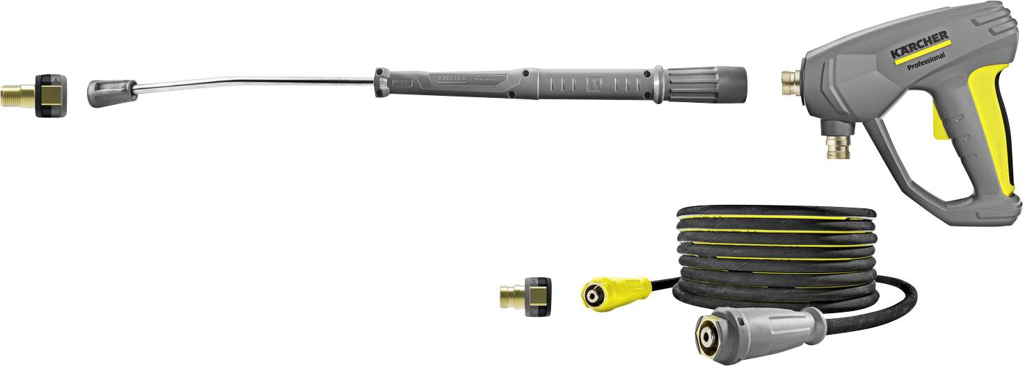 Högtryckstvättpistol-tillbehör inklusive en slang, spraypistol, lans och munstycke, utformad för effektiva rengöringsuppgifter.