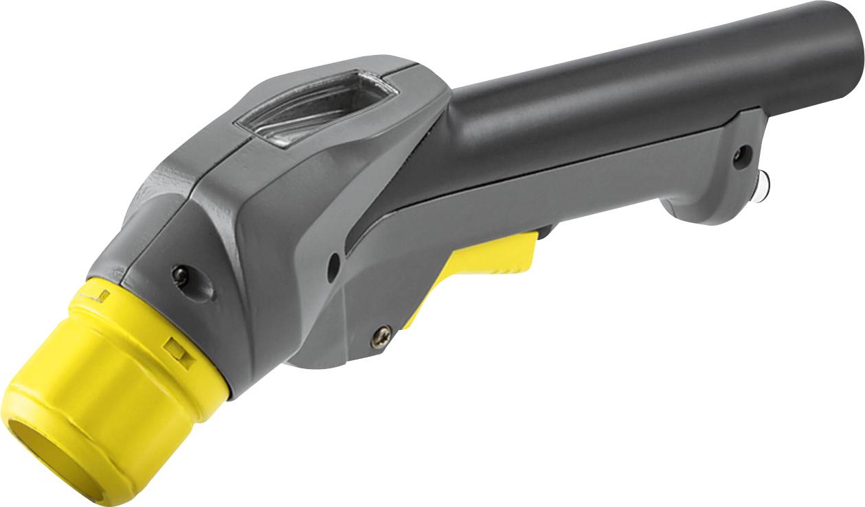 En svart och gul verktygshandtag med en munstycke, möjligen en del av ett dammsug- eller rengöringsutrustning, utformad för ergonomiskt grepp.