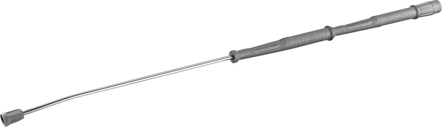 En långt, smalt, grått sprutningsrör med ett böjt munstycke i ändan och ett rutexturerat grepp för användning med trädgårdssprut eller högtryckstvättpistolar.