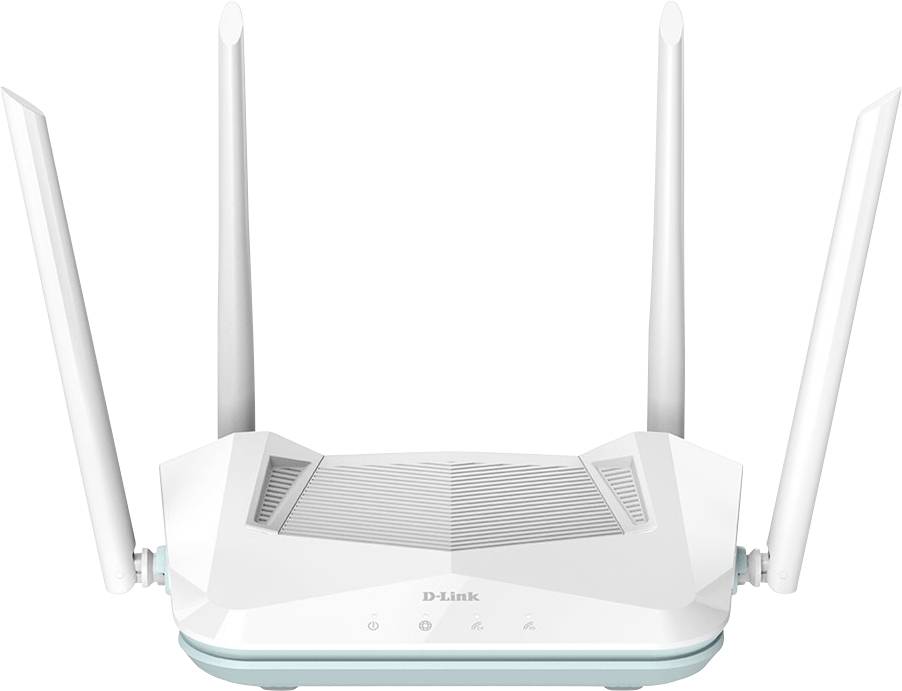 En vit router med fyra antenner, märkt "D-Link", används för trådlös internetanslutning.