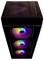 Ett svart datortorn med tre framåtriktade RGB-belysta fläktar och ventilation på toppanelen, utrustat med USB- och audioanslutningar.