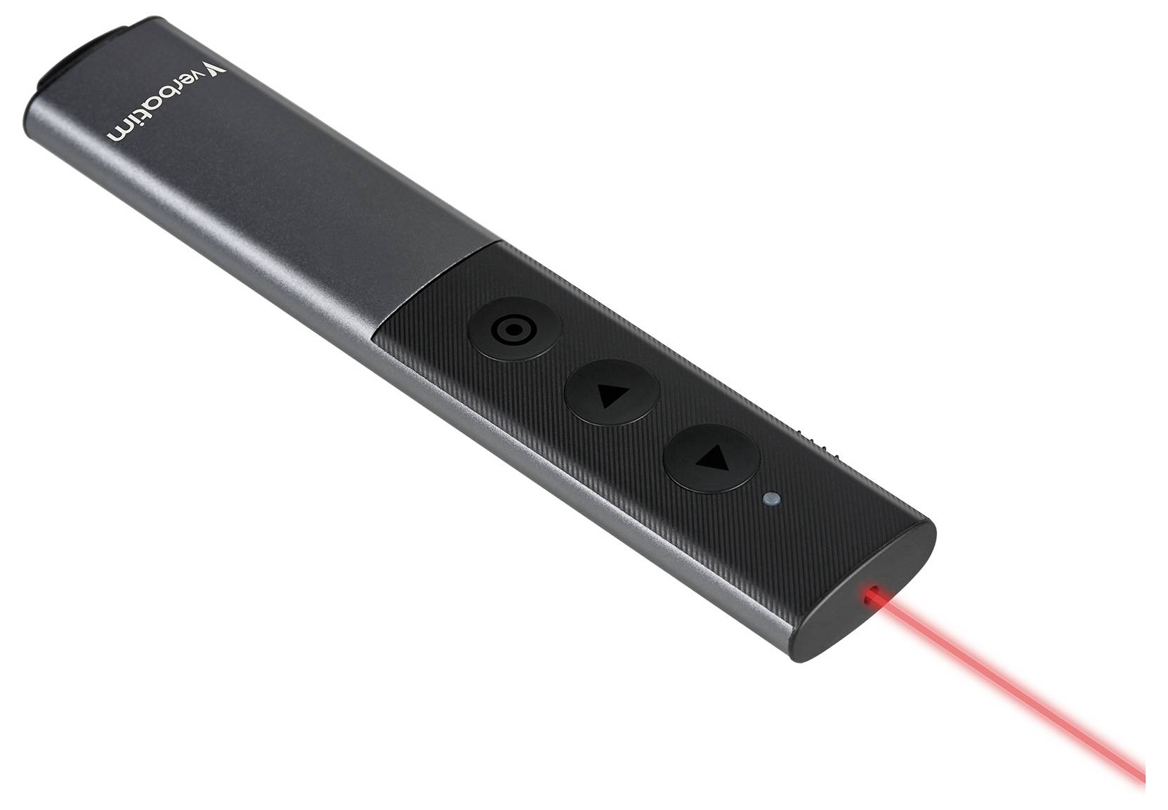 Svart trådlös presentationsfjärrkontroll med kontroltknappar och en röd laserpekare som skickar ut en stråle från spetsen.