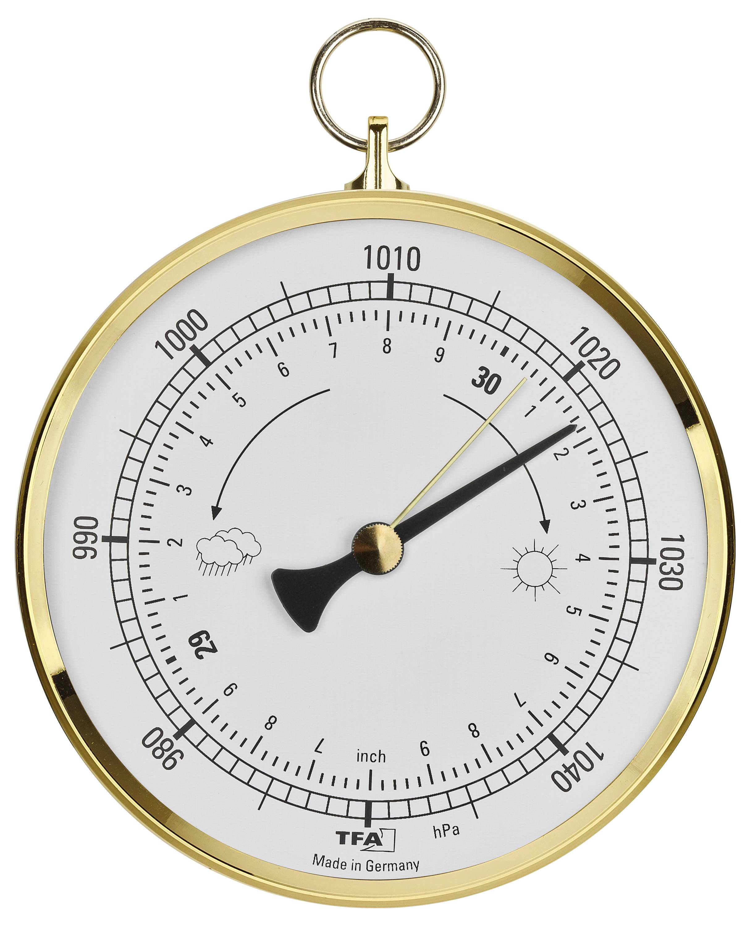 En barometer med guldkant visar atmosfärstryck som sträcker sig från 960 till 1060 hPa. Nålen pekar på 1015 hPa, vilket indikerar fint väder.