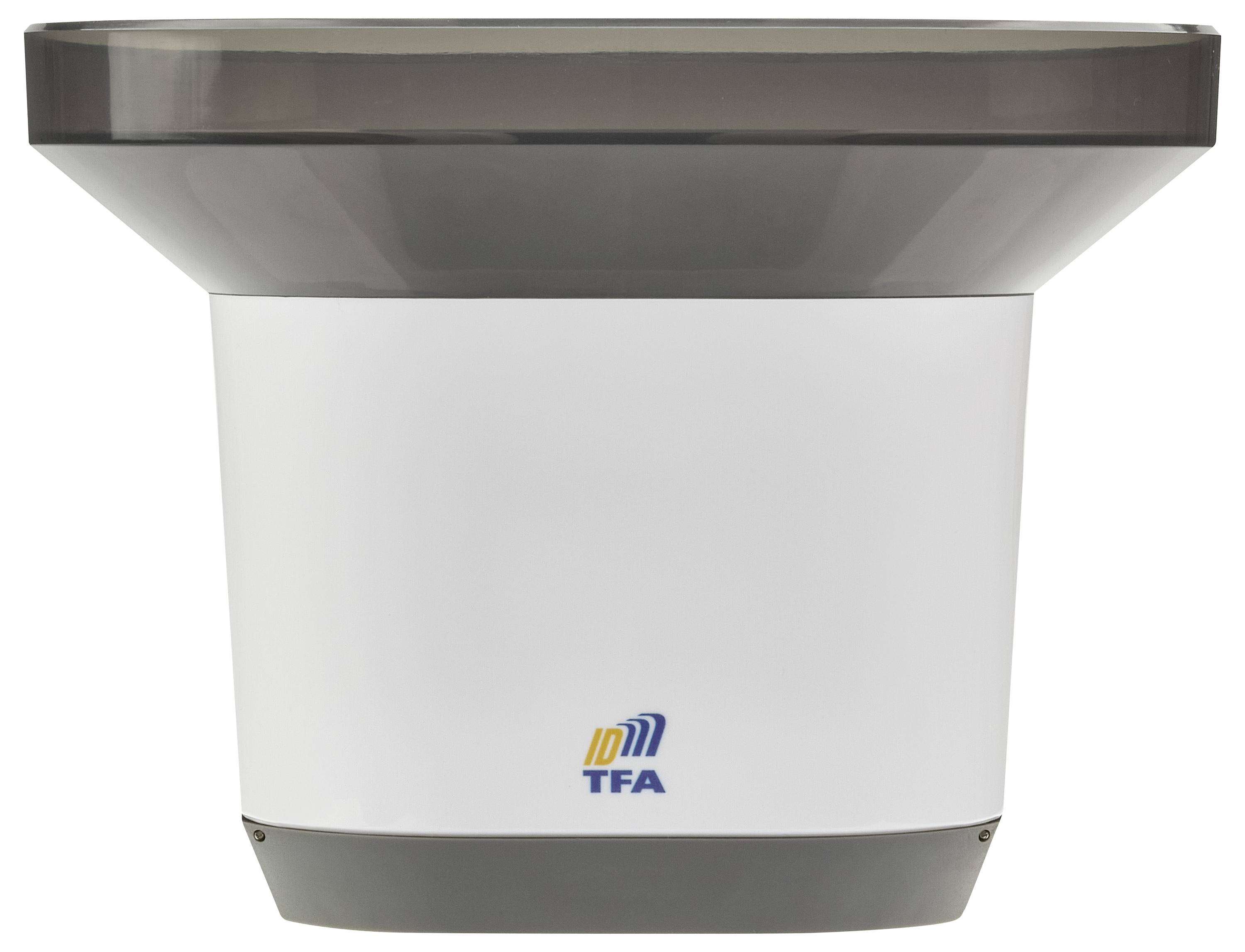 En vit och grå elektronisk enhet med en bred cirkulär topp och en TFA-logotyp på framsidan, används för att övervaka miljödata.