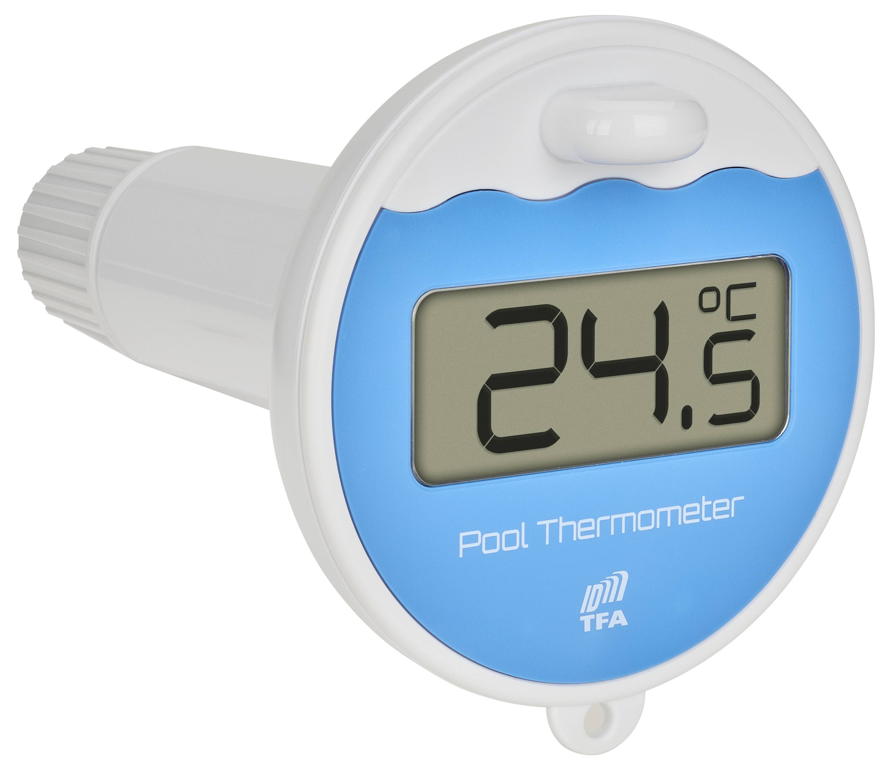 Flytande poolstermometer som visar en temperatur på 24,5°C på en digital skärm.