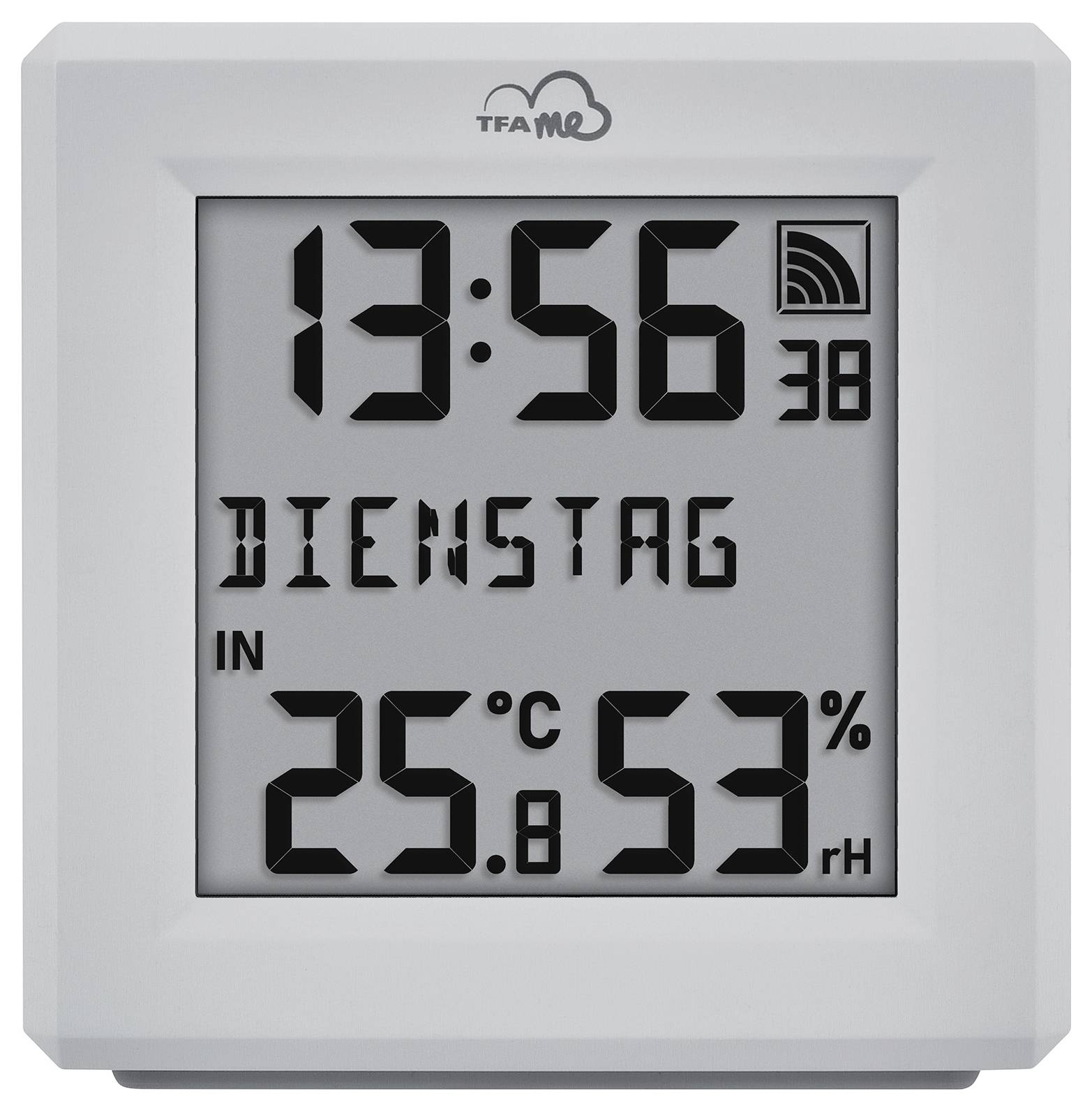 Digitalväggklocka som visar tiden "13:56", dagen "TISDAG", temperaturen "25°C" och luftfuktigheten "53% RH", med väderindikationsikon.