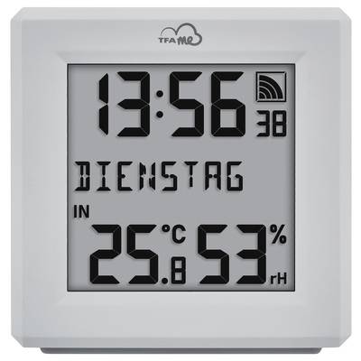 Digitalväggklocka som visar tiden "13:56", dagen "TISDAG", temperaturen "25°C" och luftfuktigheten "53% RH", med väderindikationsikon.